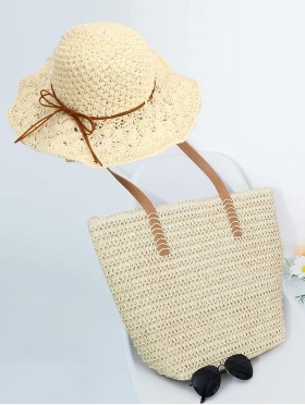 Fashion Weaved Straw Bag & Hat Matching Set (HAT1279-01CRM + BG159802BEG) Fashion Weaved Straw Bag & Hat Matching Set (HAT1279-01CRM + BG159802BEG)